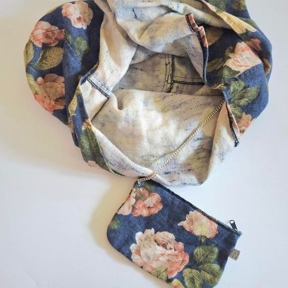 Barneys New York Floral Cotton linen bag attached coin purse Italy vtg lux boho - Picture 5 of 7